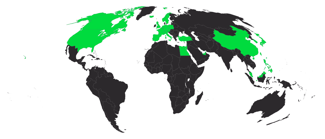 Map of world showing countries visited in blue